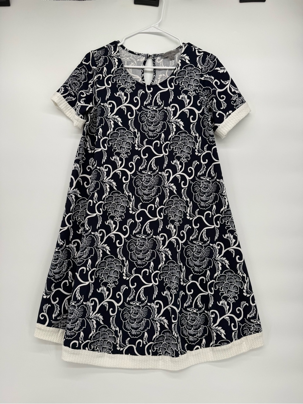 Navy Floral Asymmetrical A-Line Dress with White Trim